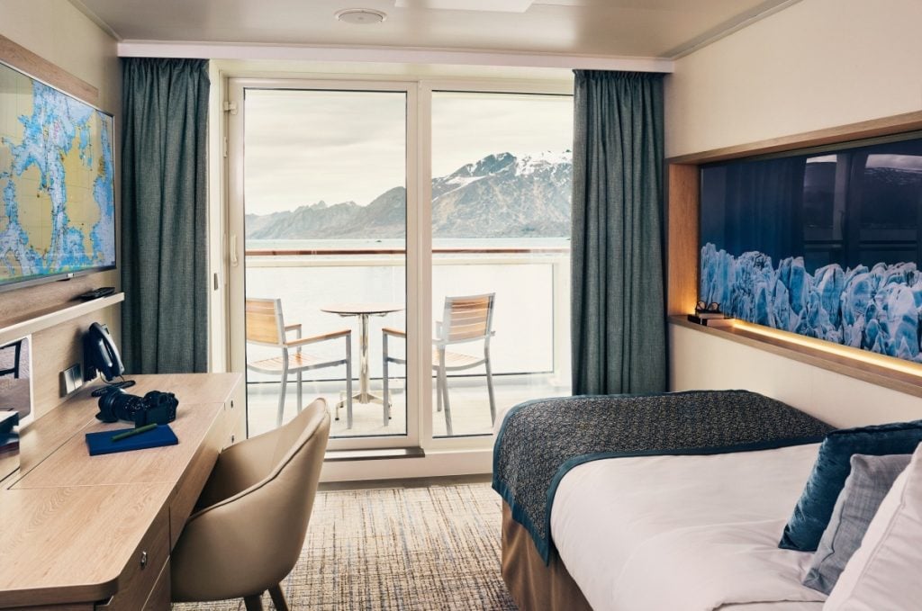 Solo cabin with balcony on the National Geographic Endurance