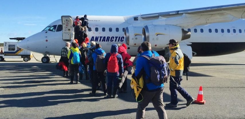 Boarding a plane to Antarctica for a fly & cruise trip