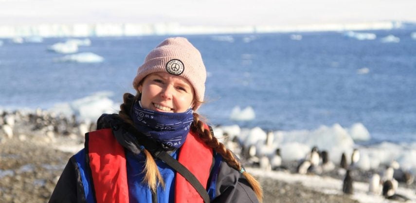 Swoop's Lotti Williams wrapped up during a landing on a Weddell Sea voyage