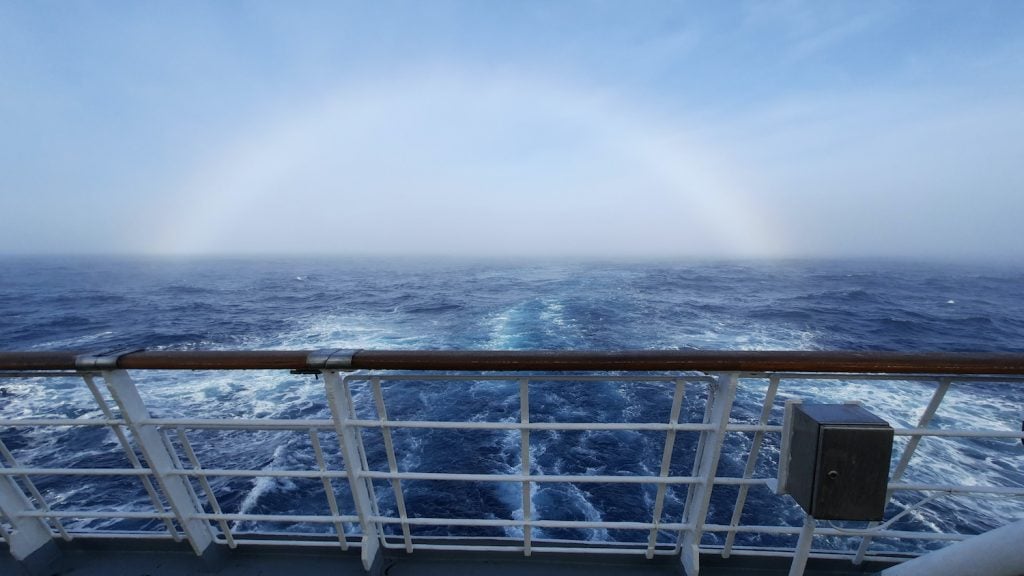 Fogbow viewed from the stern of a cruise ship in the Southern Ocean after crossing the Antarctic Convergence