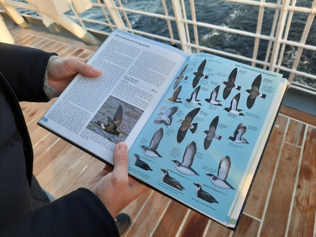 A person on board an expedition cruise ship looking at a copy of A Complete Guide to Antarctic Wildlife by Hadoram Shirihai