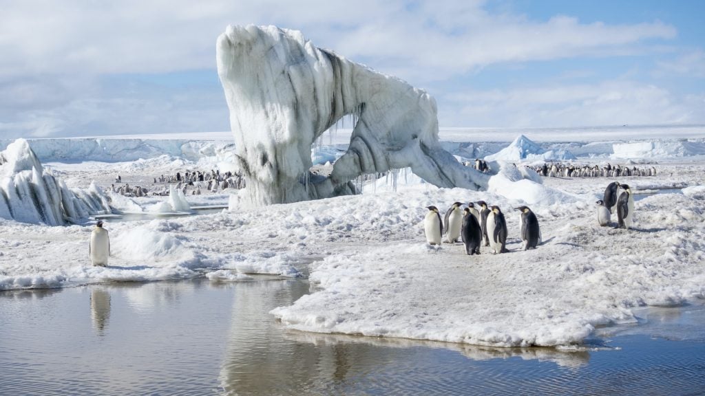 Emperor penguins and ice formations at Snow Hill in Antarctica
