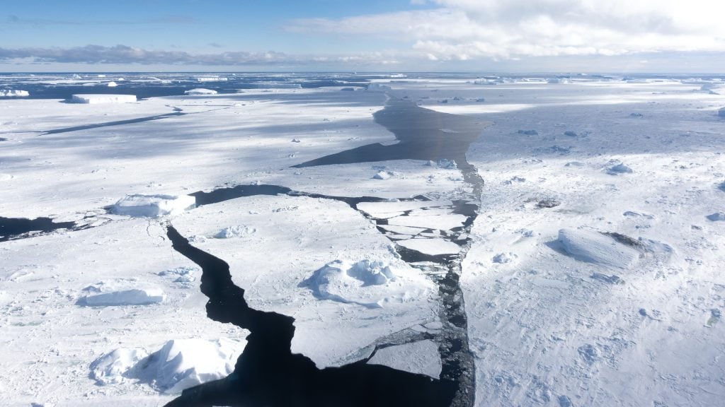 Pack ice on the Weddell Sea seen during a helicopter flight in Antarctica