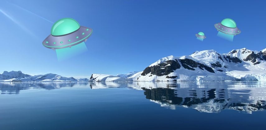 Landscape of snowy mountains and sea in the Antarctic Peninsula, with cartoon UFOS
